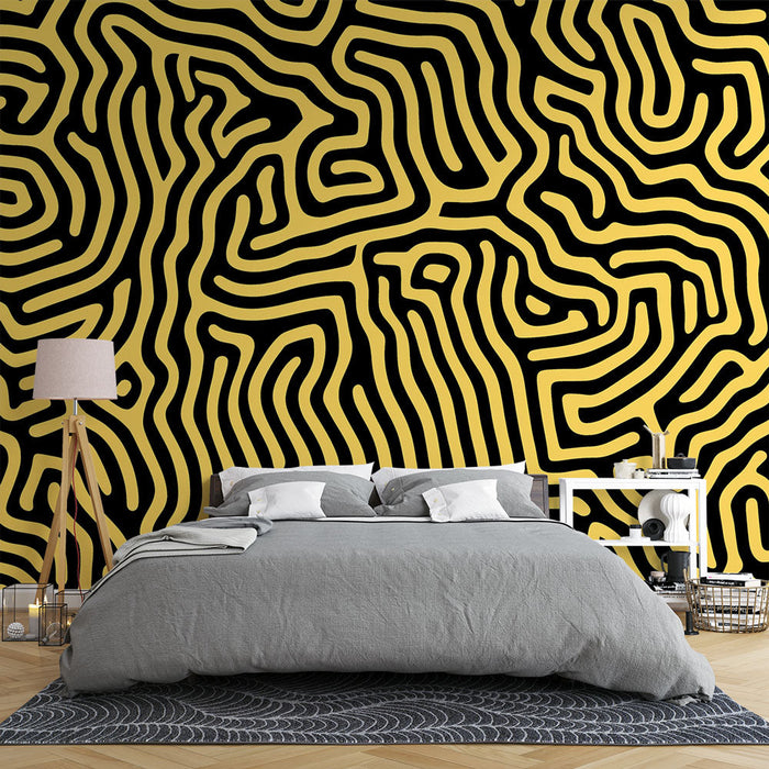 Abstract panoramic mural wallpaper | Gold and black labyrinth