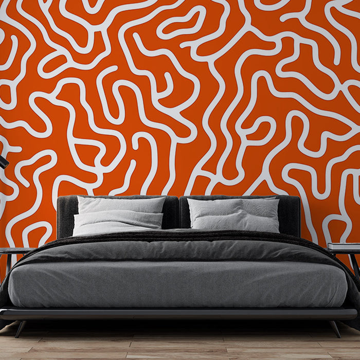 Papel de parede mural abstrato panorâmico | Labirinto laranja e branco