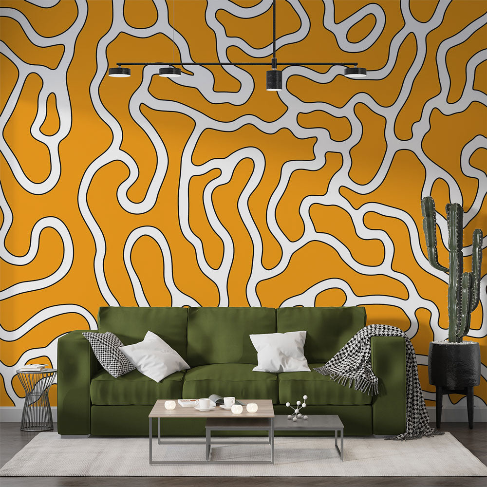 Abstract panoramic Mural Wallpaper | Orange labyrinth and black lines ...