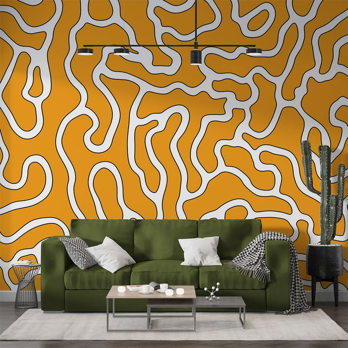 Abstract panoramic Mural Wallpaper | Orange labyrinth and black lines