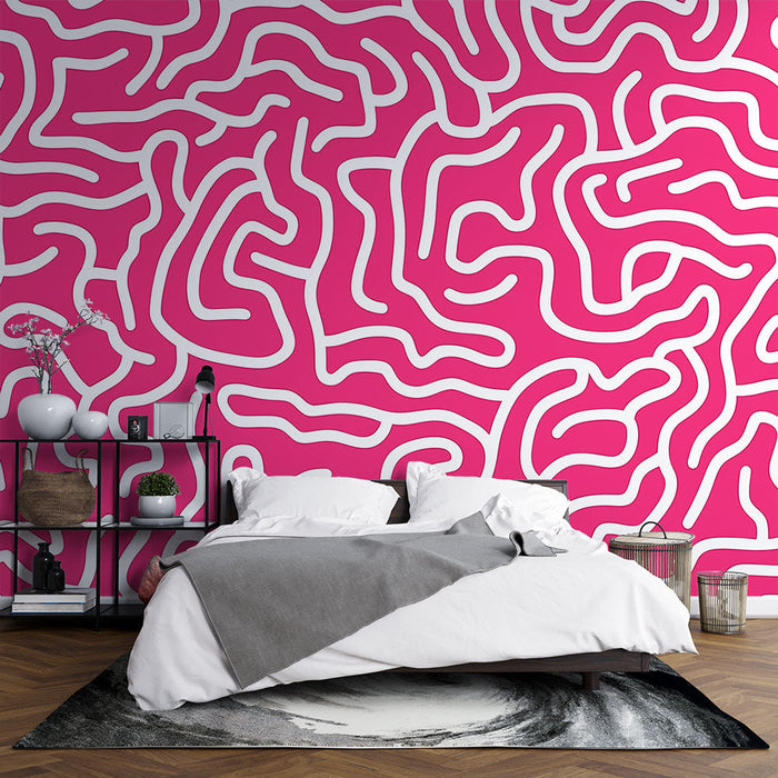 Abstract panoramic mural wallpaper | Pink and white labyrinth