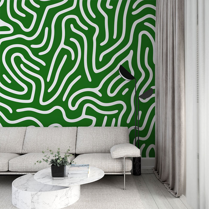 Abstract panoramic mural wallpaper | Green and white labyrinth