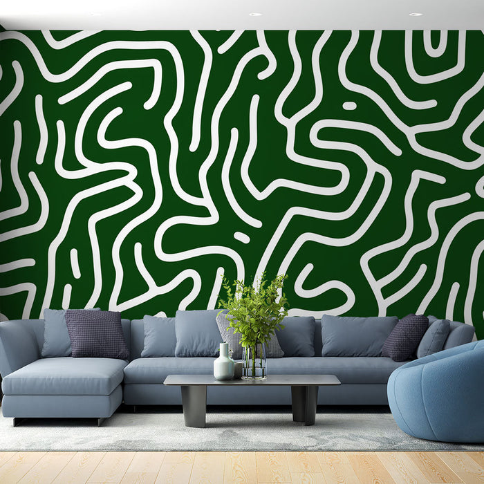 Mural Wallpaper panoramic abstract | Dark green and white labyrinth