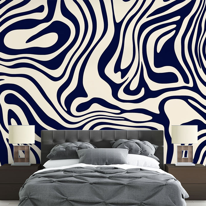 Abstract panoramic mural wallpaper | Blue and beige marbling