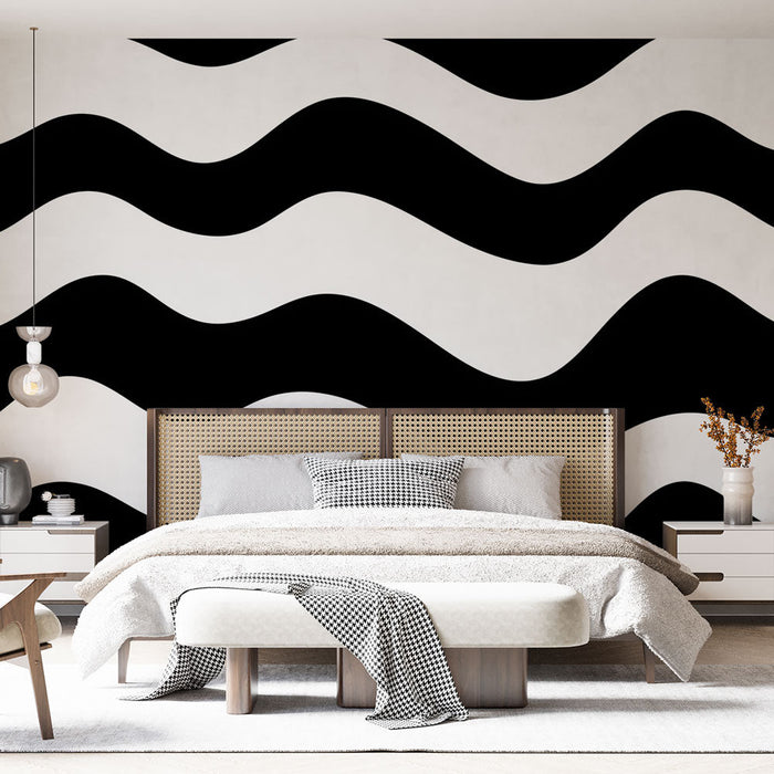 Abstract panoramic mural wallpaper | Black waves on white