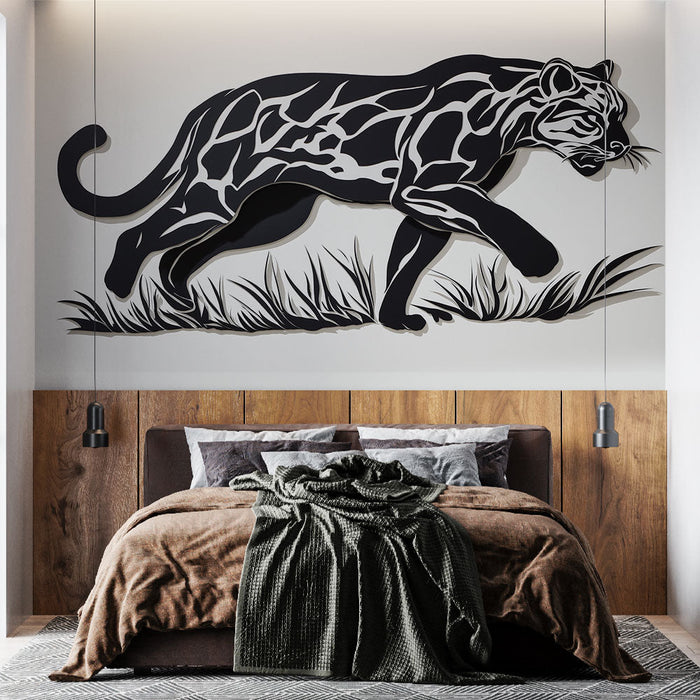 Mural Wallpaper panther | Silhouette of a black and white feline on a white background