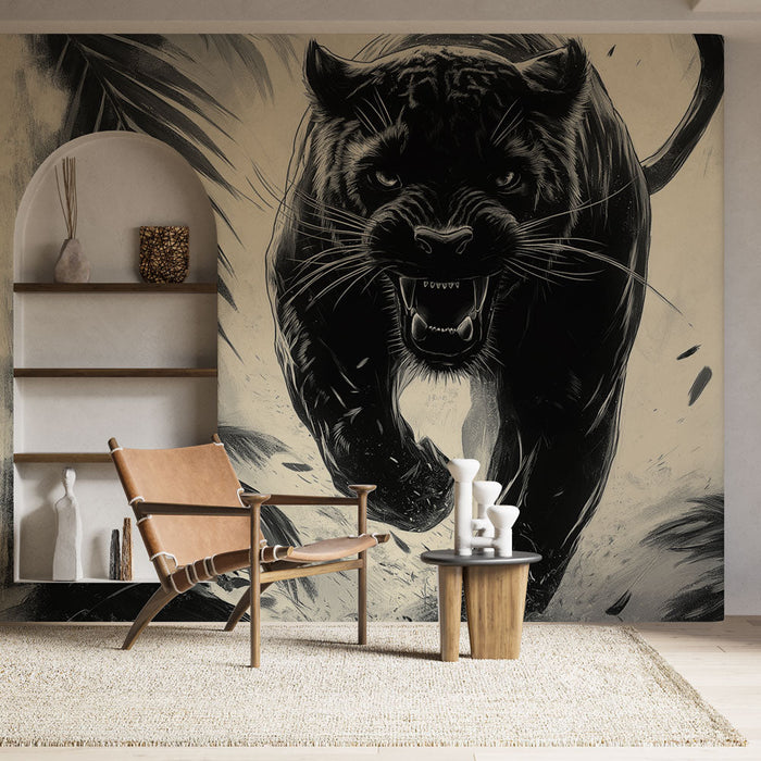 Falfestmény tapeta panther | Egy fenséges fekete párduc teljes lendületben