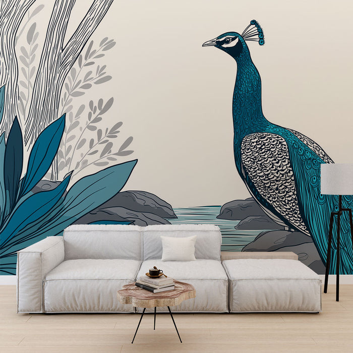 Tapetti peacock | Elegantti riikinkukkomotiivi ja vesikasvillisuus