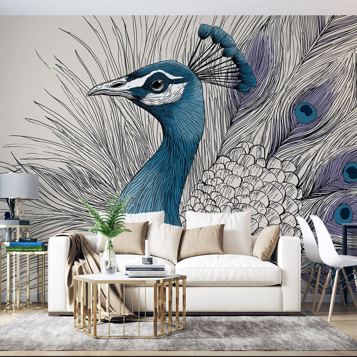 Tapete paun | Elegancki plavi paun s nježnim detaljima perja