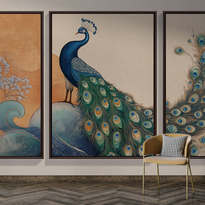 Papel de parede pavão e flores | Elegância artística de um pavão com penas vibrantes e padrões florais