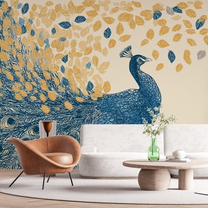 Tapete Pfau | Ein eleganter blauer Pfau und goldene Blätter, die sanft fallen.