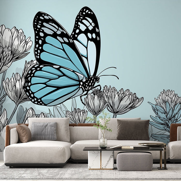 Tapete blauer Schmetterling | Ein eleganter türkisfarbener Schmetterling auf stilisierten Blumen
