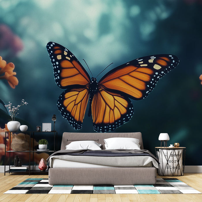 Mural Wallpaper butterfly | Läikiv oranži liblika särav sära eredate lillede vahel