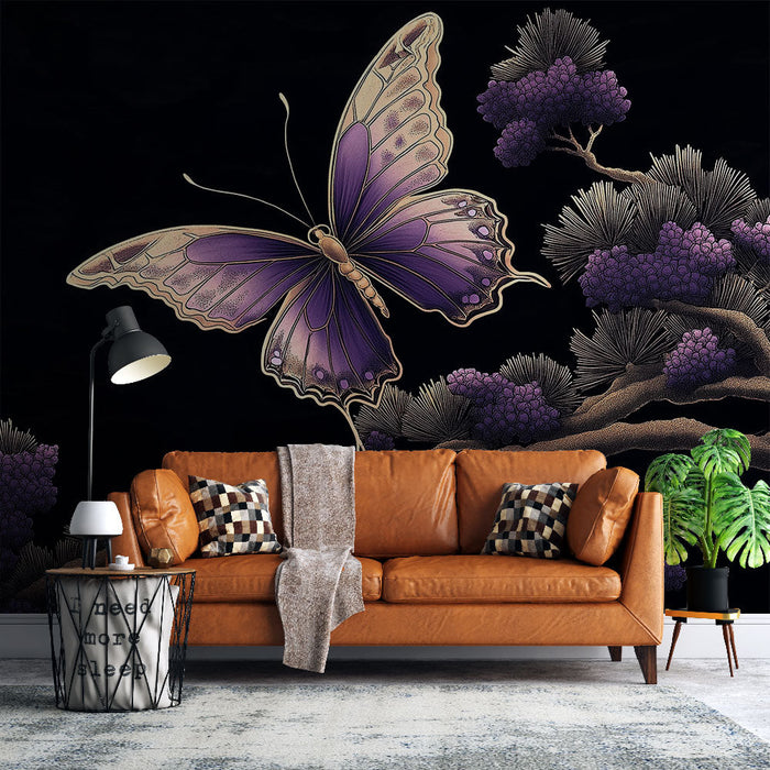 Mural Wallpaper butterfly | Floral elegance on black background