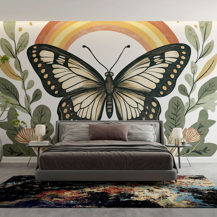 Mural Wallpaper butterfly | Elegant butterfly pattern with rainbow and foliage