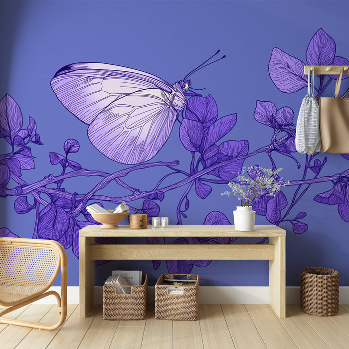 Fototapet kelebek ve yapraklı | Mor zemin üzerinde stilize yapraklarla birlikte zarif bir kelebek deseni.