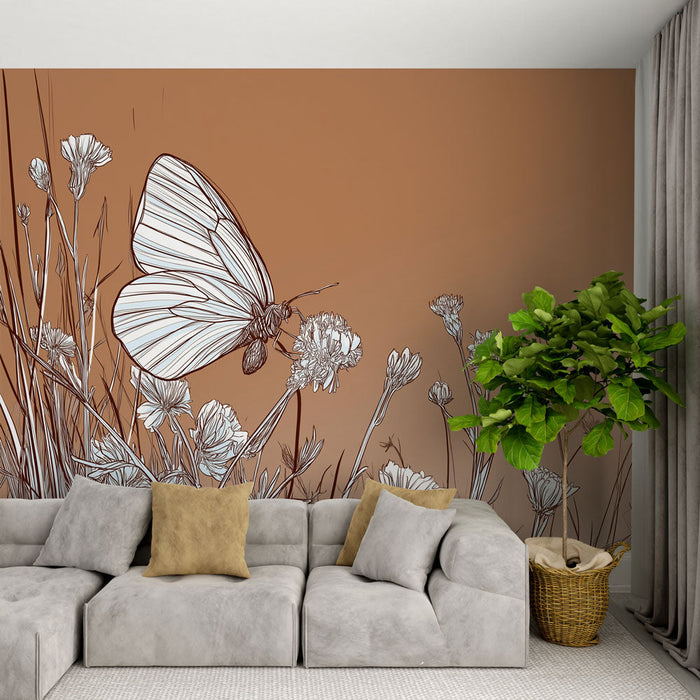Papel pintado mariposa y flores | Ilustraciones delicadas de una mariposa sobre un fondo naranja