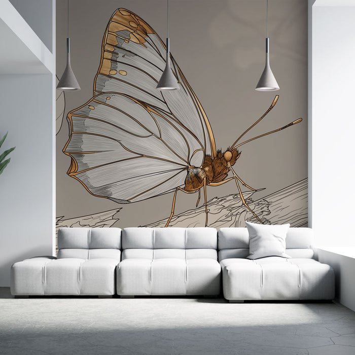 Tapete με πεταλούδα | Απαλή απεικόνιση μιας πεταλούδας με διάφανα και χρυσά φτερά
