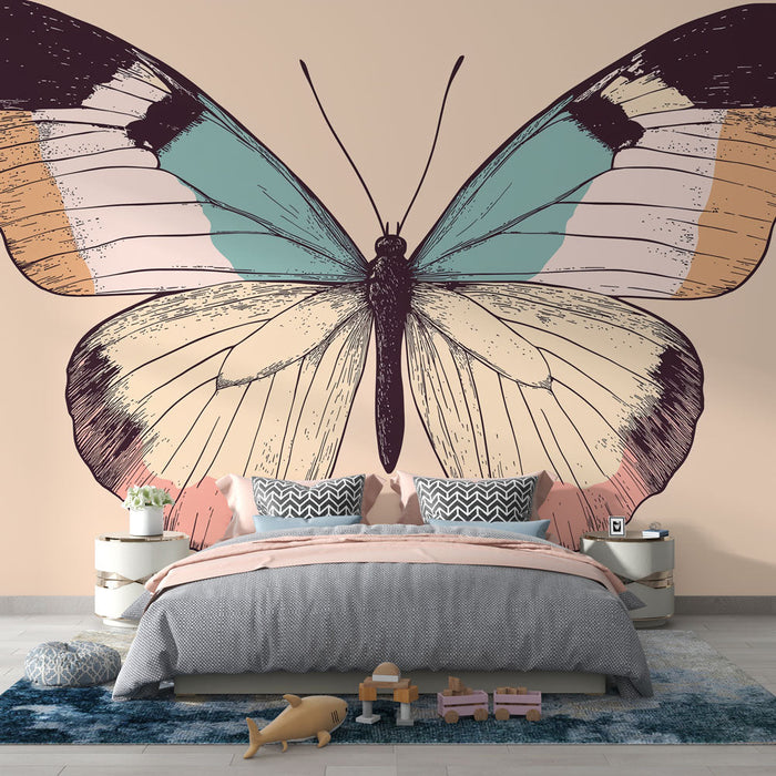 Mural Wallpaper butterfly | Stiliseeritud libliku illustratsioon pastelsetes värvides