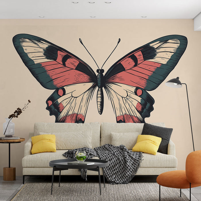 Fototapet sommerfugl | Vintage mønster af farverig sommerfugl på lys baggrund