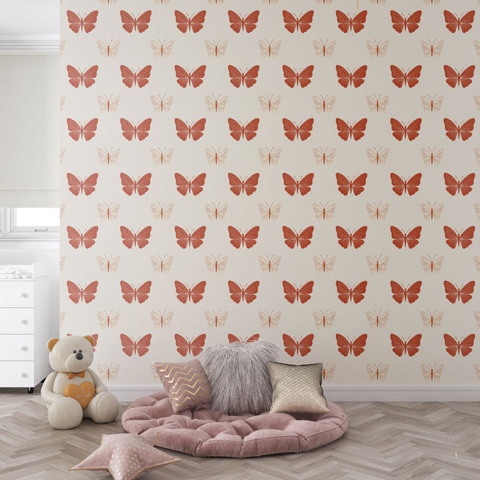 Tapetti perhonen | Perhonenkuviot punaisilla ja beige-sävyillä