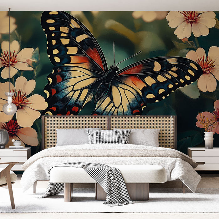 Mural Wallpaper butterfly | Colorful butterfly perched on delicate flowers