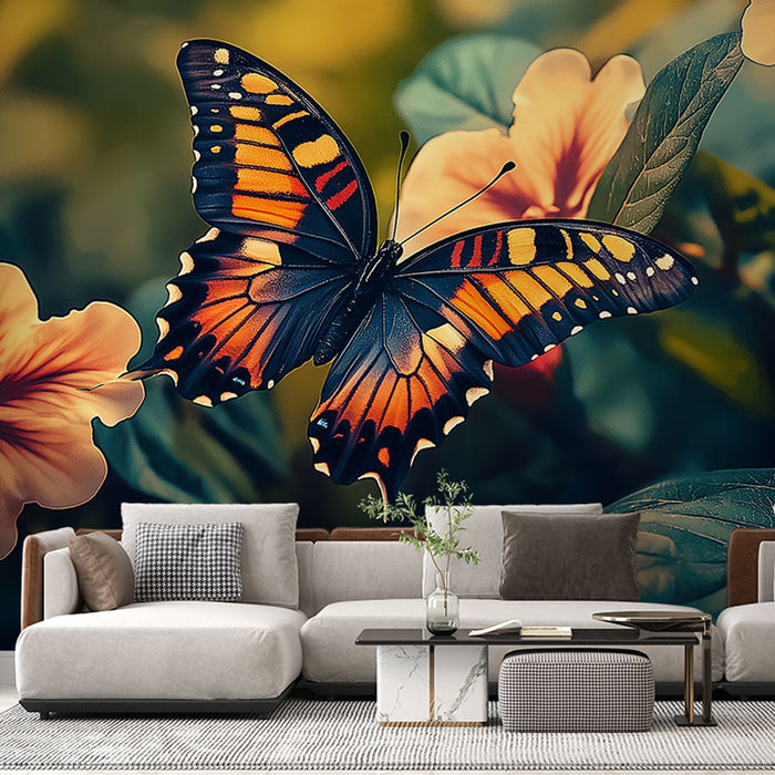 Mural Wallpaper butterfly | Colorful butterfly on a vibrant floral background