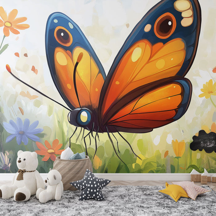 Mural Wallpaper butterfly | Fargerik sommerfugl på lys blomsterbakgrunn