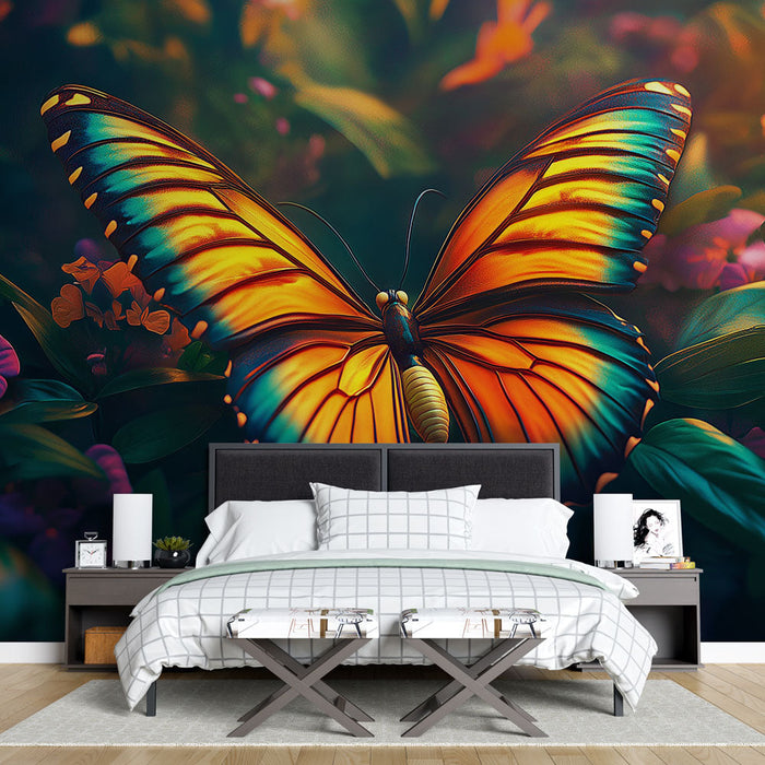 Mural Wallpaper butterfly | Radiant butterfly on lush floral background