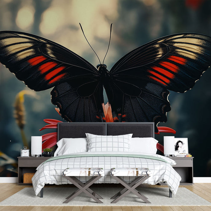 Mural Wallpaper butterfly | Black butterfly with red-ornamented wings on a red flower