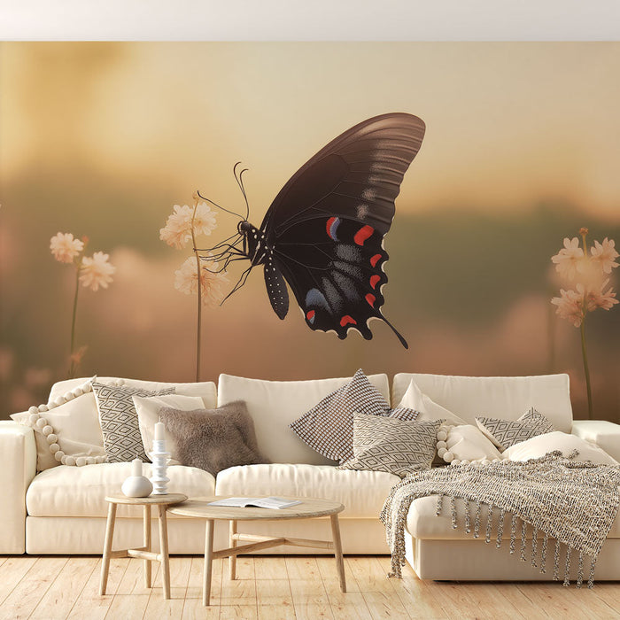 Papel pintado butterfly | Vibrant black butterfly on a background of delicate flowers