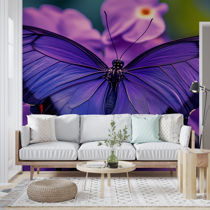 Mural Wallpaper butterfly | Purple butterfly landing on purple flowers