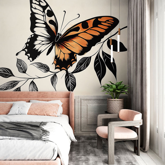 Papel pintado butterfly | A majestic orange and black butterfly on a cream background