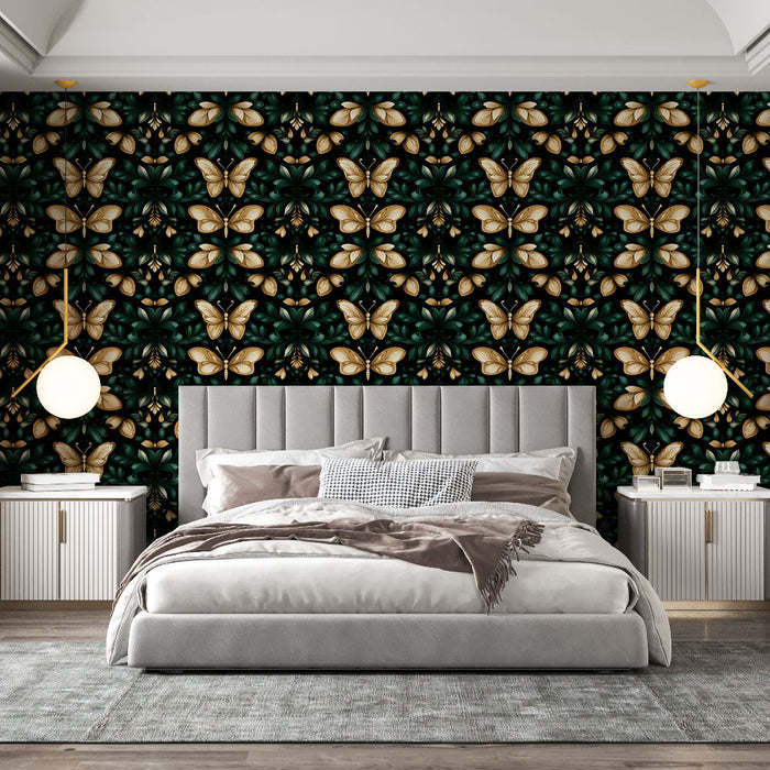 Fototapeet kuldsete liblikatega | Liblikate ja lopsaka lehestikumustriga