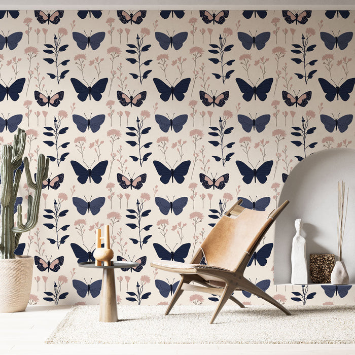 Carta da parati farfalle | Motivo elegante di farfalle e delicati fiori