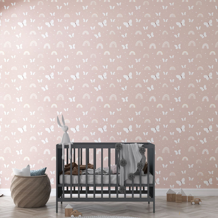 Tapete с пеперуди и дъга | Мек модел на пеперуда на розов фон с дъги