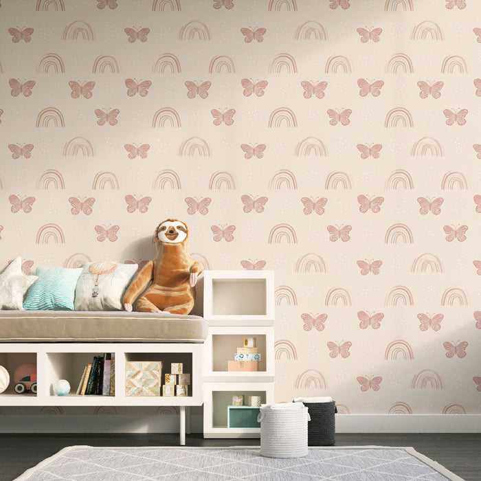 Тапет с пеперуди и дъга | Меки модели на пеперуди и дъги на блед фон