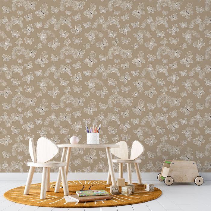 Tapete με πεταλούδες και ουράνια τόξα | Σχέδιο πεταλούδας και ουράνιου τόξου σε μπεζ φόντο