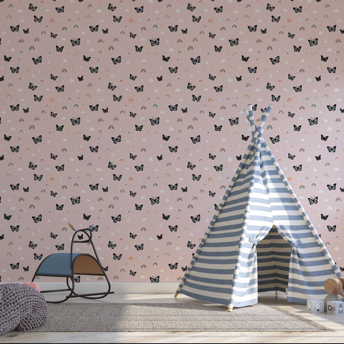 Fototapet kelebekler ve gökkuşağı | Pembe arka plan üzerinde kelebek ve gökkuşağı deseni