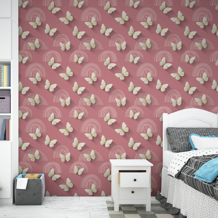Tapete с пеперуди и дъги | Мек модел на пеперуда върху розов фон с дъги