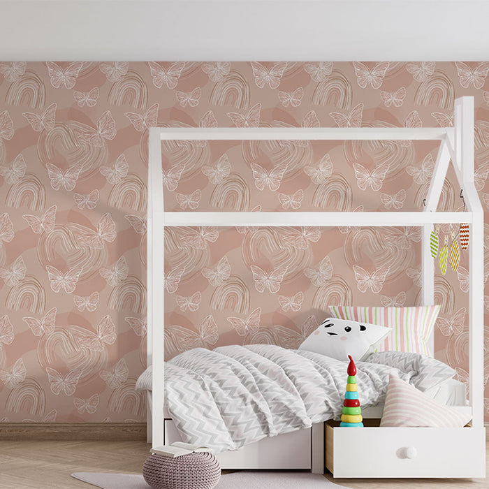 Tapete με πεταλούδες και ουράνια τόξα | Σχέδια πεταλούδων και ουράνιων τόξων σε ροζ φόντο