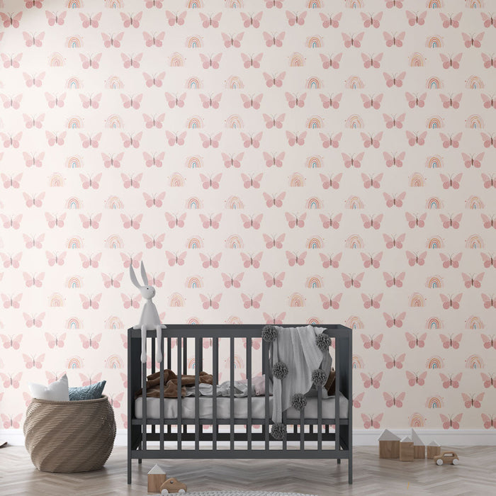 Ταπετσαρία τοίχου με πεταλούδες και ουράνια τόξα | Ροζ πεταλούδα και πολύχρωμα σχέδια ουράνιου τόξου