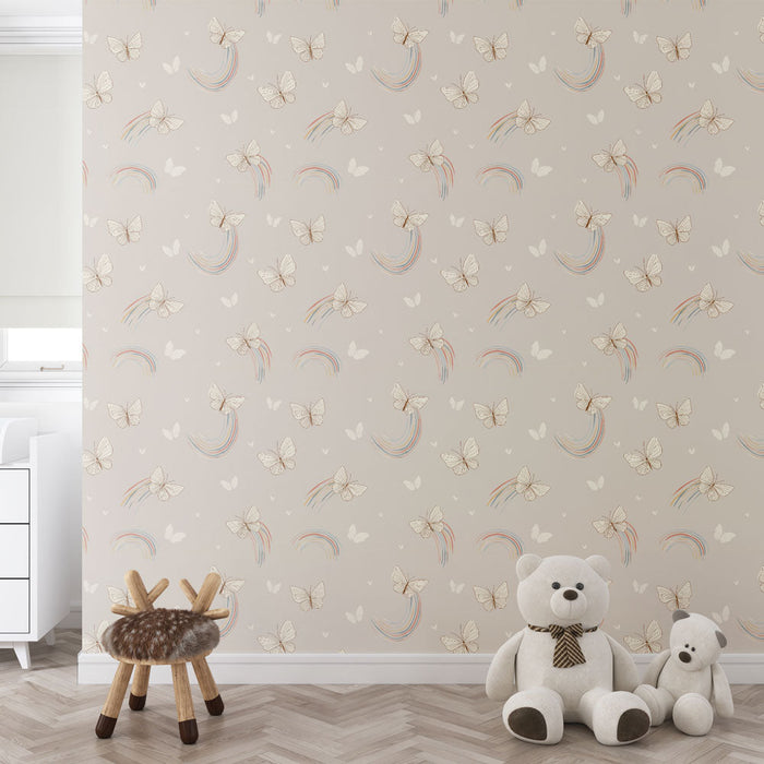 Tapete с пеперуди и дъги | Пеперуди и цветни дъги на бежов фон