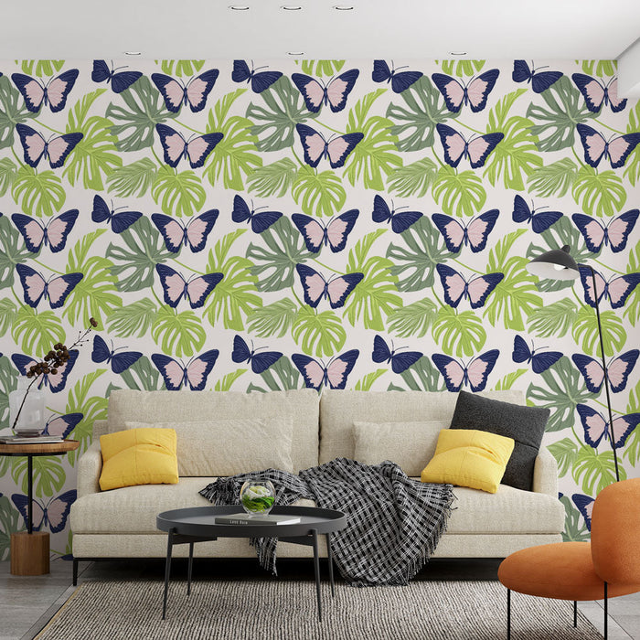 Ταπετσαρία τοιχωμάτων με πεταλούδες και φύλλα | Πολύχρωμο μοτίβο με πεταλούδες και τροπικά φύλλα