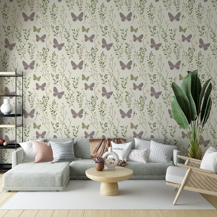 Tapet cu fluturi și frunziș | Model de fluturi pe un fundal crem cu frunze verzi și flori