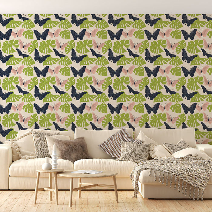 Tapete με πεταλούδες και φύλλα | Πολύχρωμα μοτίβα πεταλούδων σε τροπικό φόντο φυλλώματος