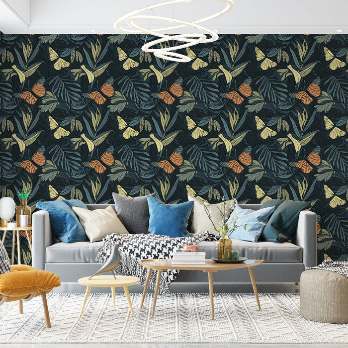 Tapet cu fluturi și frunziș | Un model vibrant de fluturi pe un fundal închis