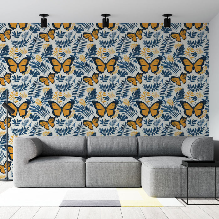 Fototapet metulji in listi | Rumene metulji in temno modri listi vzorec