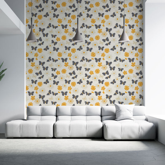 Tapete Schmetterlinge und Blumen | Graues Schmetterlings- und gelbes Blumenmuster auf hellem Hintergrund