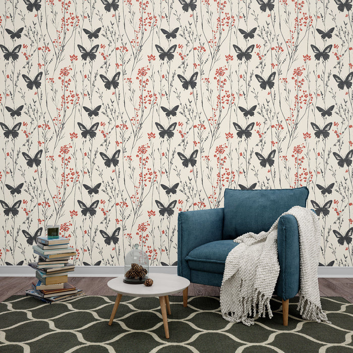 Foto Behang vlinders en bloemen | Zwart vlinderpatroon op een crèmekleurige achtergrond met rode bloemen